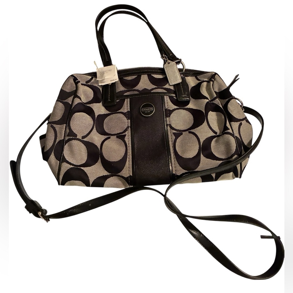 NWT COACH SIGNATURE STRIPE SATCHEL IN GRAY AND BLACK